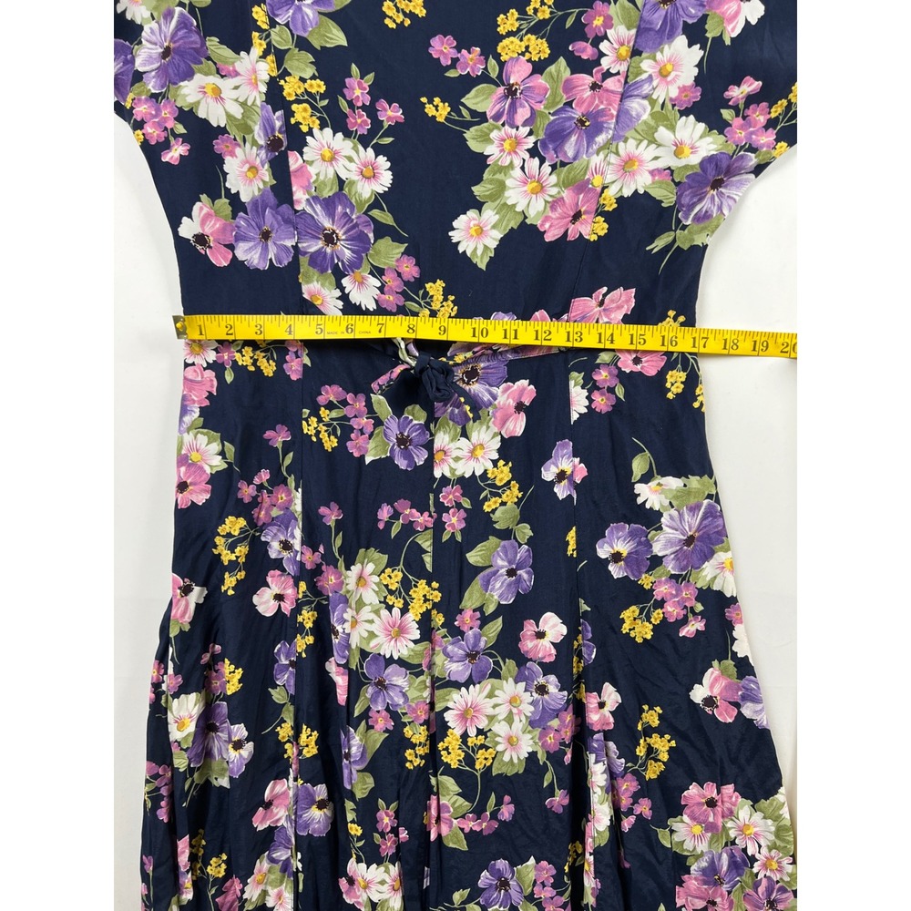 Vintage Erika Floral Midi Dress Womens Large Navy Blue V-Neck Short Sleeve - Picture 8 of 13
